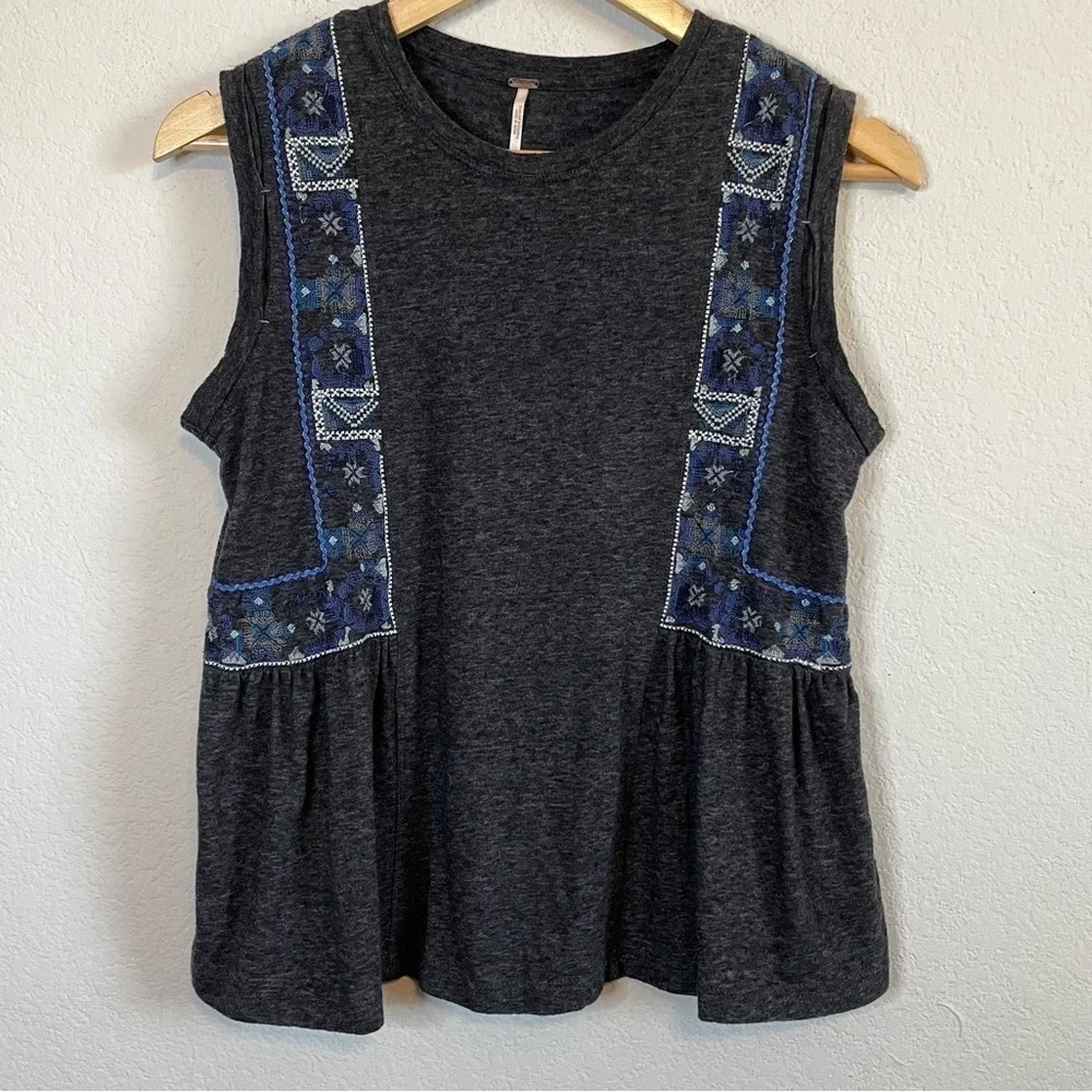 Free People Marcy Tank Charcoal Gray Blue Embroidered Details Boho Shirt Sz SM